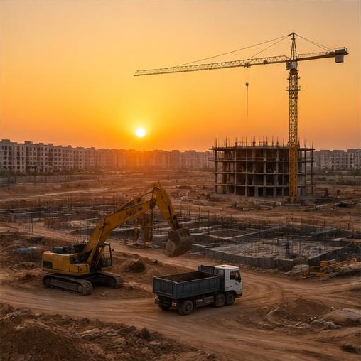 Construction site at sunset