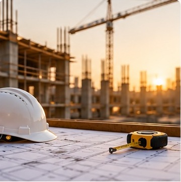 Hard hat and measuring tape on blueprints