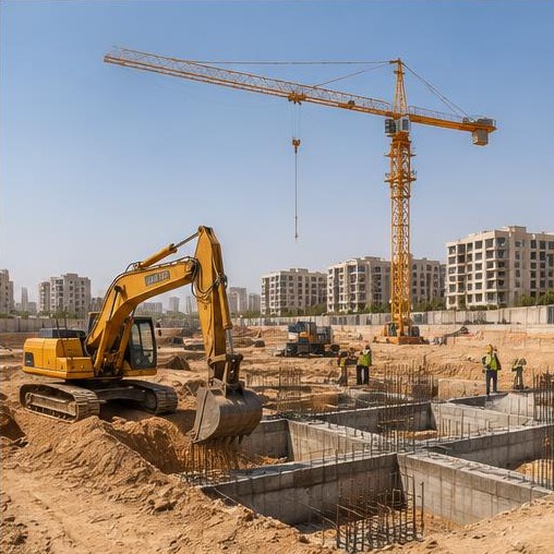 Excavator working on foundations