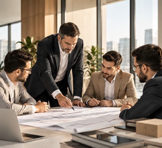 YASCON engineers reviewing blueprints in the office