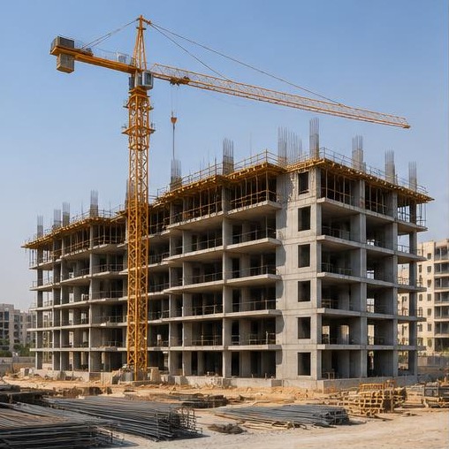 Concrete building and tower crane