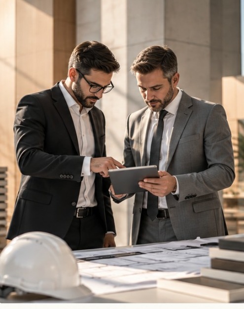 Two YASCON partners reviewing plans on a tablet