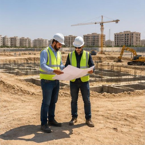 Two engineers reviewing construction drawings